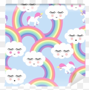 Seamless Pattern With Smiling Sleeping Clouds And Rainbows - Fundo Nuvem E Arco Iris