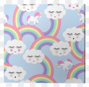 Seamless Pattern With Smiling Sleeping Clouds And Rainbows - Fundo Nuvem E Arco Iris