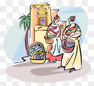 Vector Illustration Of Women Shopping In Outdoor Fish - Royalty-free