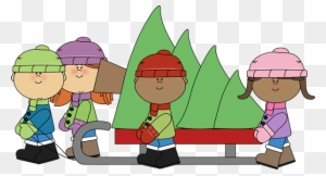 Kids Pulling Christmas Tree On A Sled Clipart N - Christmas Clipart Kids