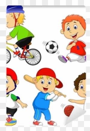 Fototapeta Funny Chlapec Kreslená Postavička Dělá Sport - Cartoon Sports Kid