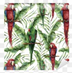 Watercolor Seamless Pattern With Parrots, Banana Palm - Hand Painted Parrot