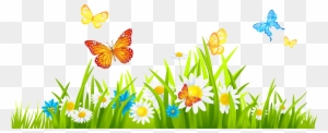 Grass Ground With Flowers And Butterflies Png Clipart - Spring Flower Border Clipart