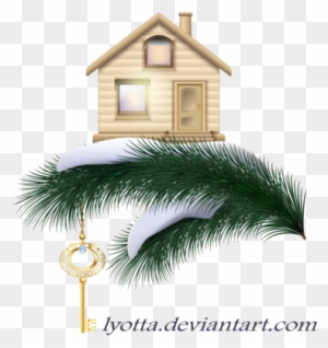House With Golden Key On A Pine Branch With Snow By - Cottage